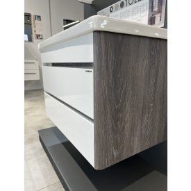   TOLEDO 65 F Magasfényű fehér szekrény. Függesztett, soft close két fiókos kerámiamosdóval