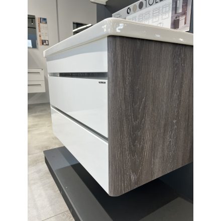 TOLEDO 65 F Magasfényű fehér szekrény. Függesztett, soft close két fiókos kerámiamosdóval