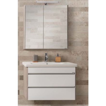 TOLEDO 80 F Magasfényű fehér szekrény. Függesztett, soft-close rendszerű,kétfiókos, kerámiamosdóval