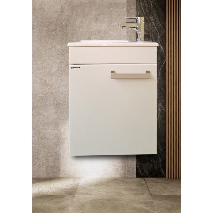 Emil Matt fehér készreszerelt fürdőszobabútor kerámia mosdóval fordítható jobbos balos változatban Soft Close Fiókkal 40 cm széles 20 cm mély 50 cm magas 