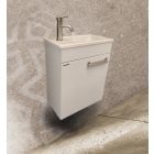 Emil Matt fehér készreszerelt fürdőszobabútor kerámia mosdóval fordítható jobbos balos változatban Soft Close Fiókkal 40 cm széles 20 cm mély 50 cm magas 